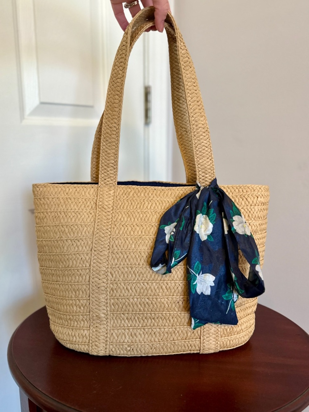 Draper James Everyday Straw Shoulder Bag with Navy Magnolia Scarf
